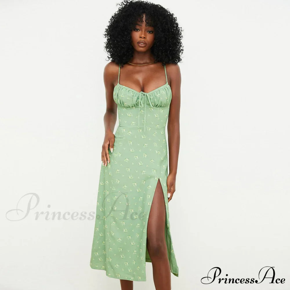 Daisy Printed Puff Sleeve High Classic Slit Smock Maxi Sundress - White