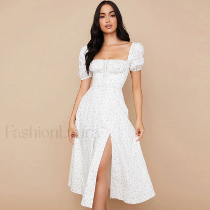 Daisy Printed Puff Sleeve High Slit Smock Maxi Sundress - White