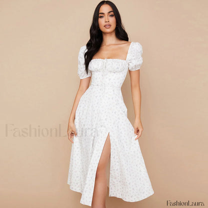 Daisy Printed Puff Sleeve High Slit Smock Maxi Sundress - White