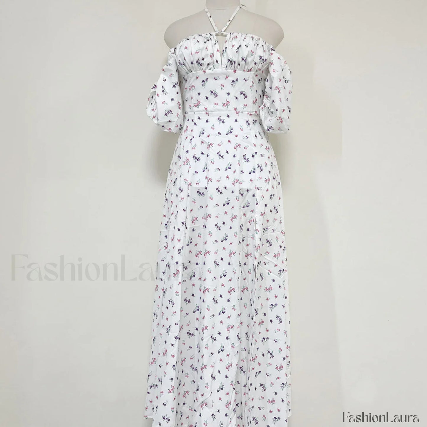 Daisy Printed Puff Sleeve High Slit Smock Maxi Sundress - White
