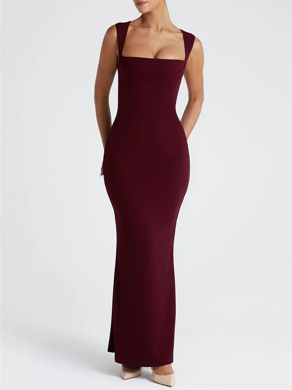 Square Neck Cowl Bust Bodycon Column Maxi Dress