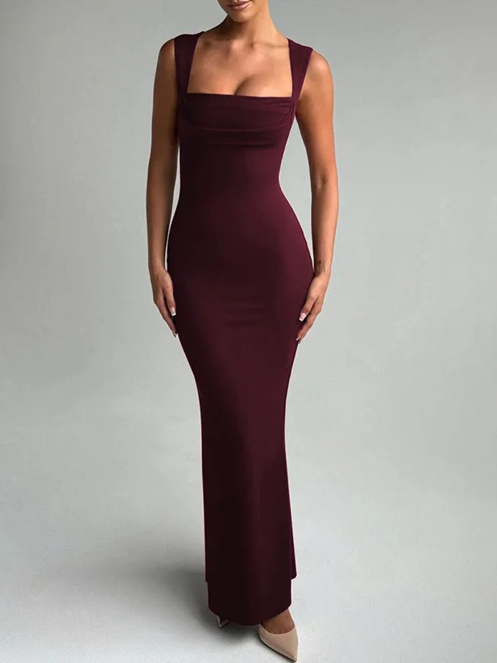 Square Neck Cowl Bust Bodycon Column Maxi Dress