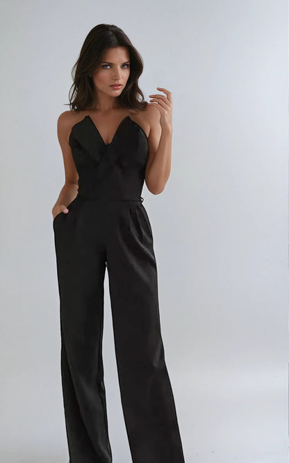 | Strapless Pleated Wide-Leg Jumpsuit