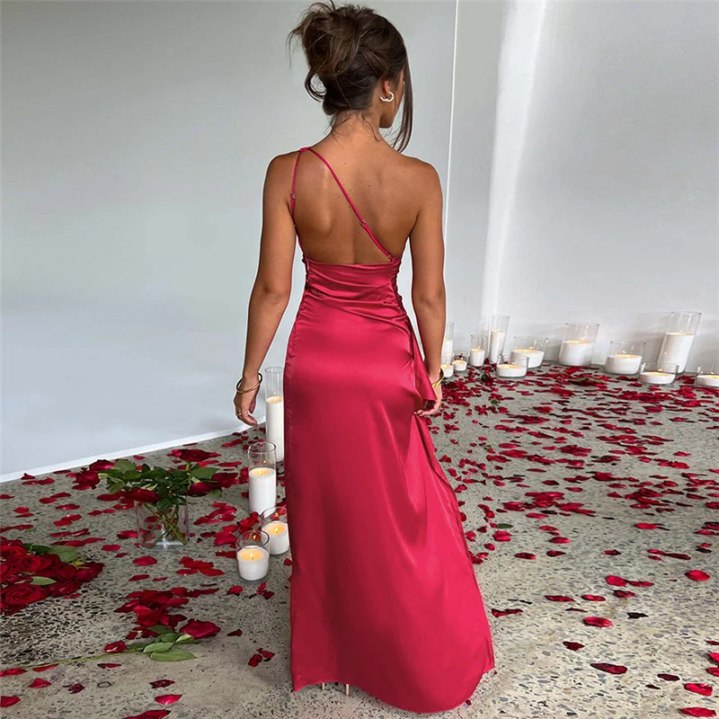 One-Shoulder Ruched Satin High Slit Ruffle Trim Maxi Gown