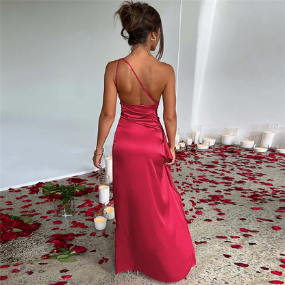 One-Shoulder Ruched Satin High Slit Ruffle Trim Maxi Gown