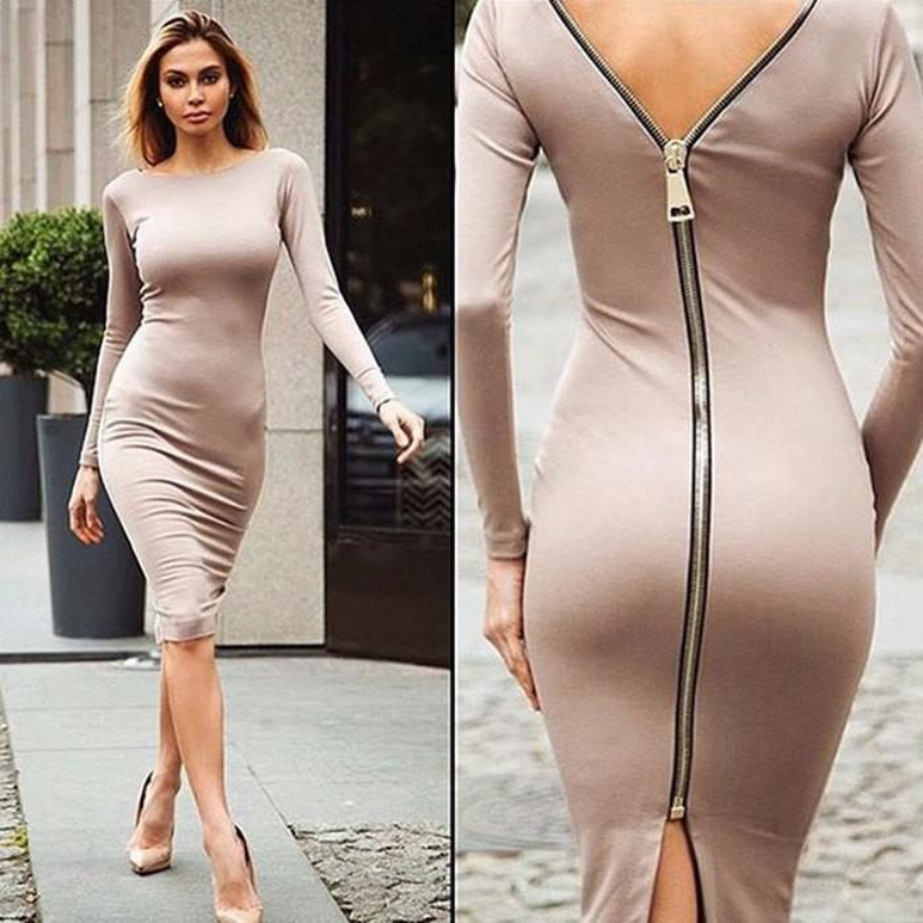 Long Sleeve Boat Neck Deep V-Back Exposed Zipper Bodycon Midi Dress