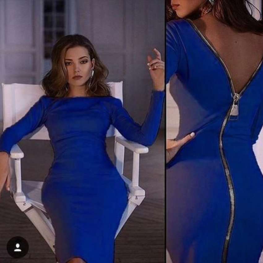 Long Sleeve Boat Neck Deep V-Back Exposed Zipper Bodycon Midi Dress