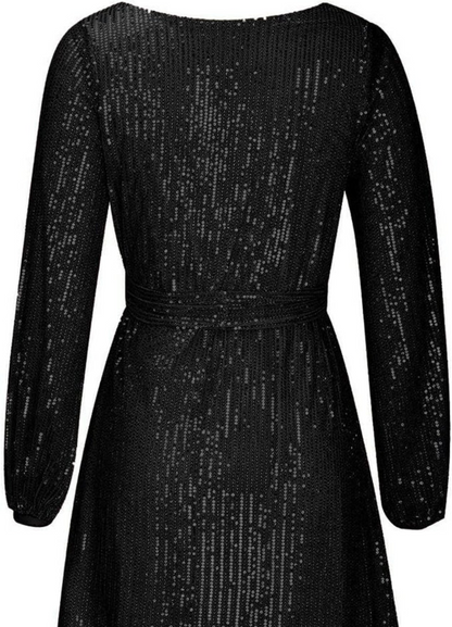 Sequin Boat Neck Lantern Sleeve Shift Mini Dress