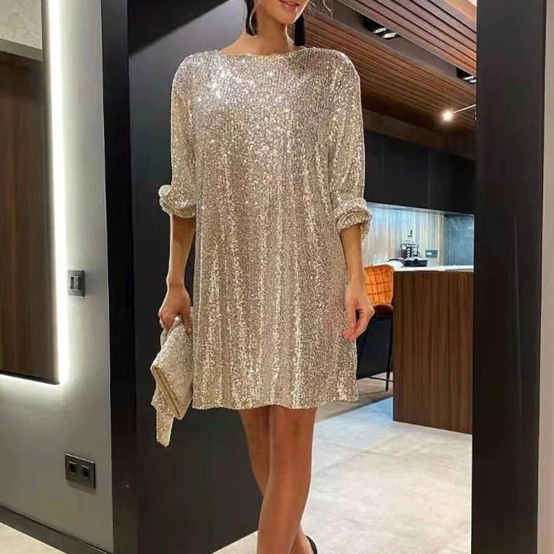 Sequin Boat Neck Lantern Sleeve Shift Mini Dress