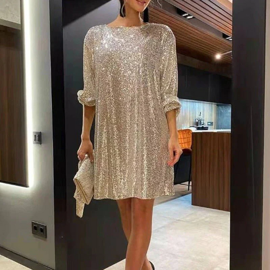 Sequin Boat Neck Lantern Sleeve Shift Mini Dress