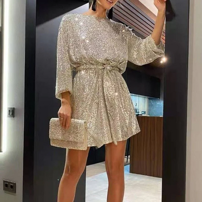 Sequin Boat Neck Lantern Sleeve Shift Mini Dress