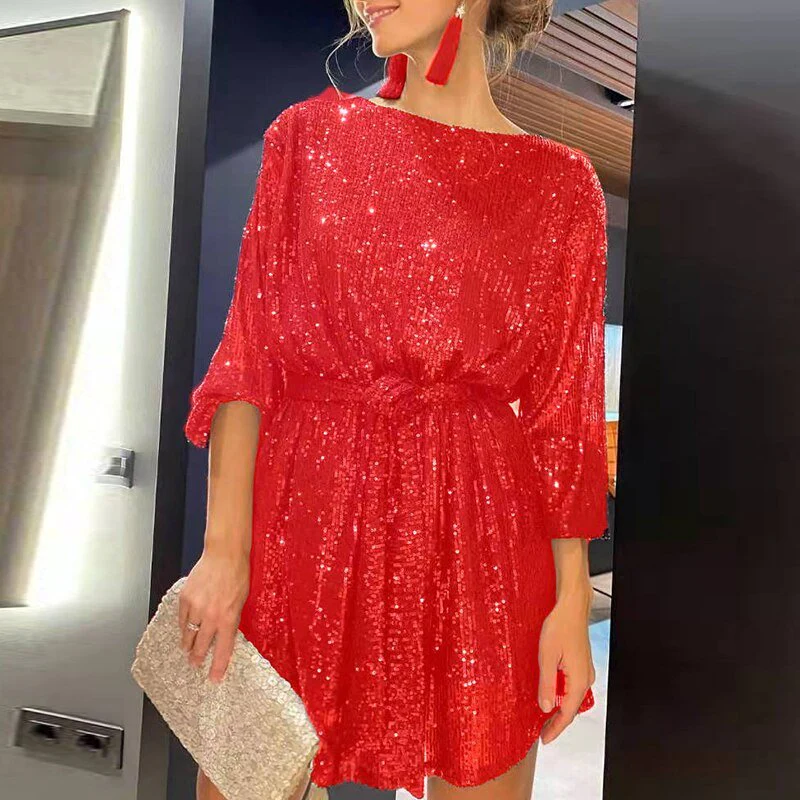 Sequin Boat Neck Lantern Sleeve Shift Mini Dress