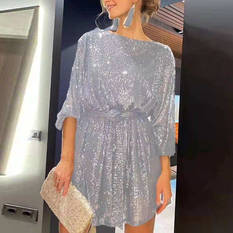Sequin Boat Neck Lantern Sleeve Shift Mini Dress