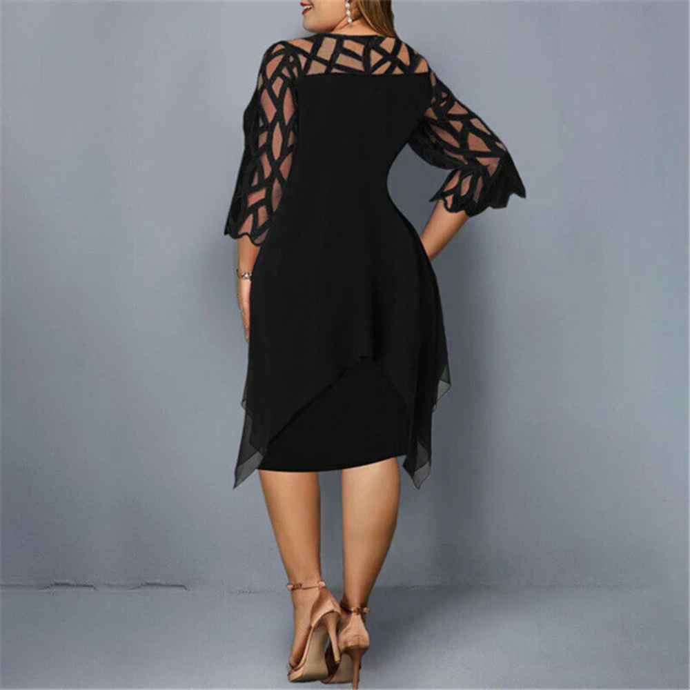 Geometric Hollow-Out Neckline Three-Quarter Sleeve Chiffon Handkerchief Hem Cocktail Dress