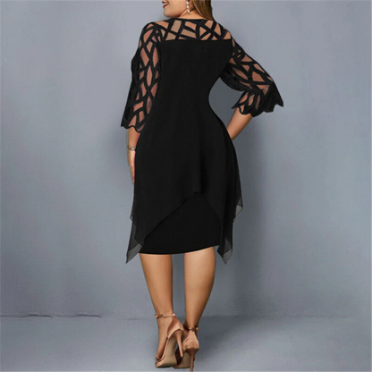 Geometric Hollow-Out Neckline Three-Quarter Sleeve Chiffon Handkerchief Hem Cocktail Dress