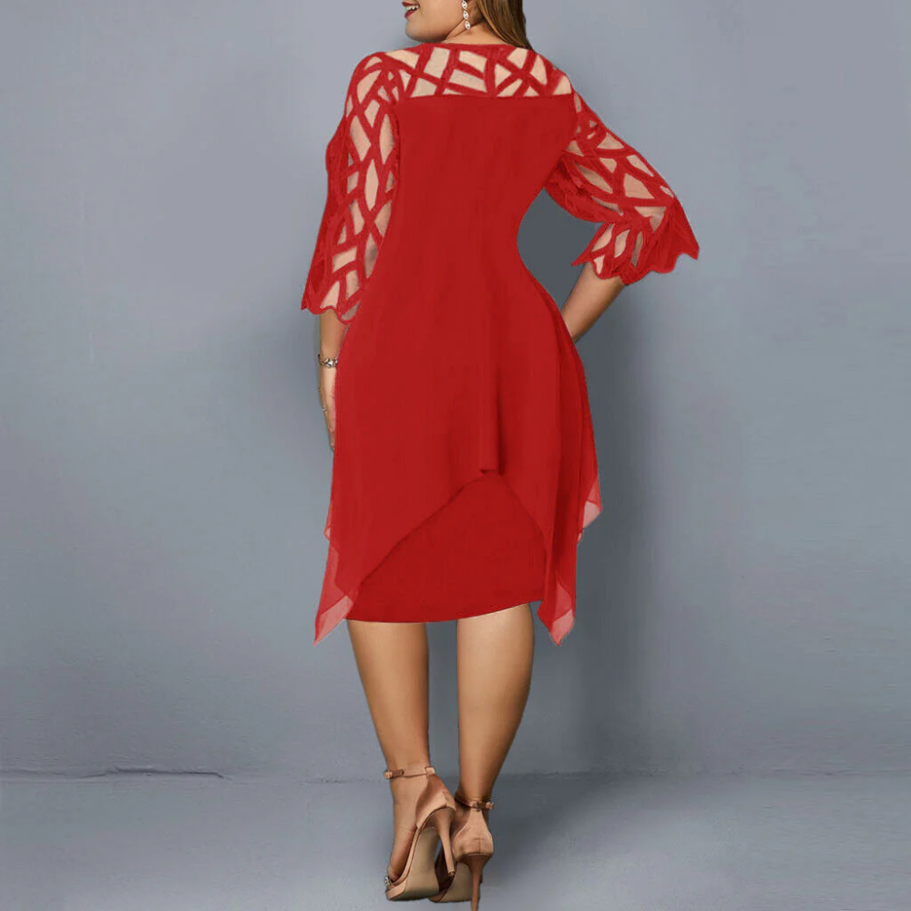 Geometric Hollow-Out Neckline Three-Quarter Sleeve Chiffon Handkerchief Hem Cocktail Dress
