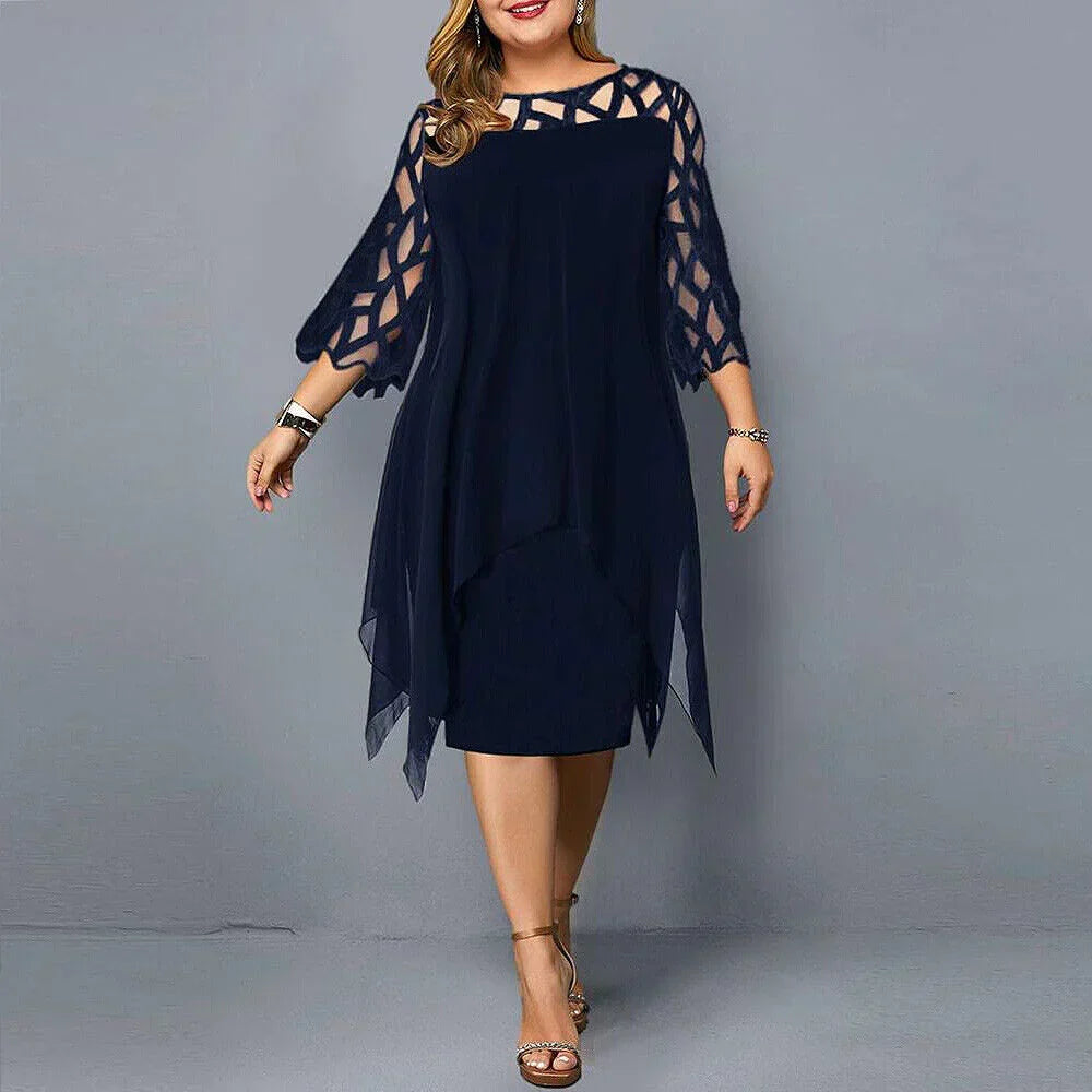 Geometric Hollow-Out Neckline Three-Quarter Sleeve Chiffon Handkerchief Hem Cocktail Dress