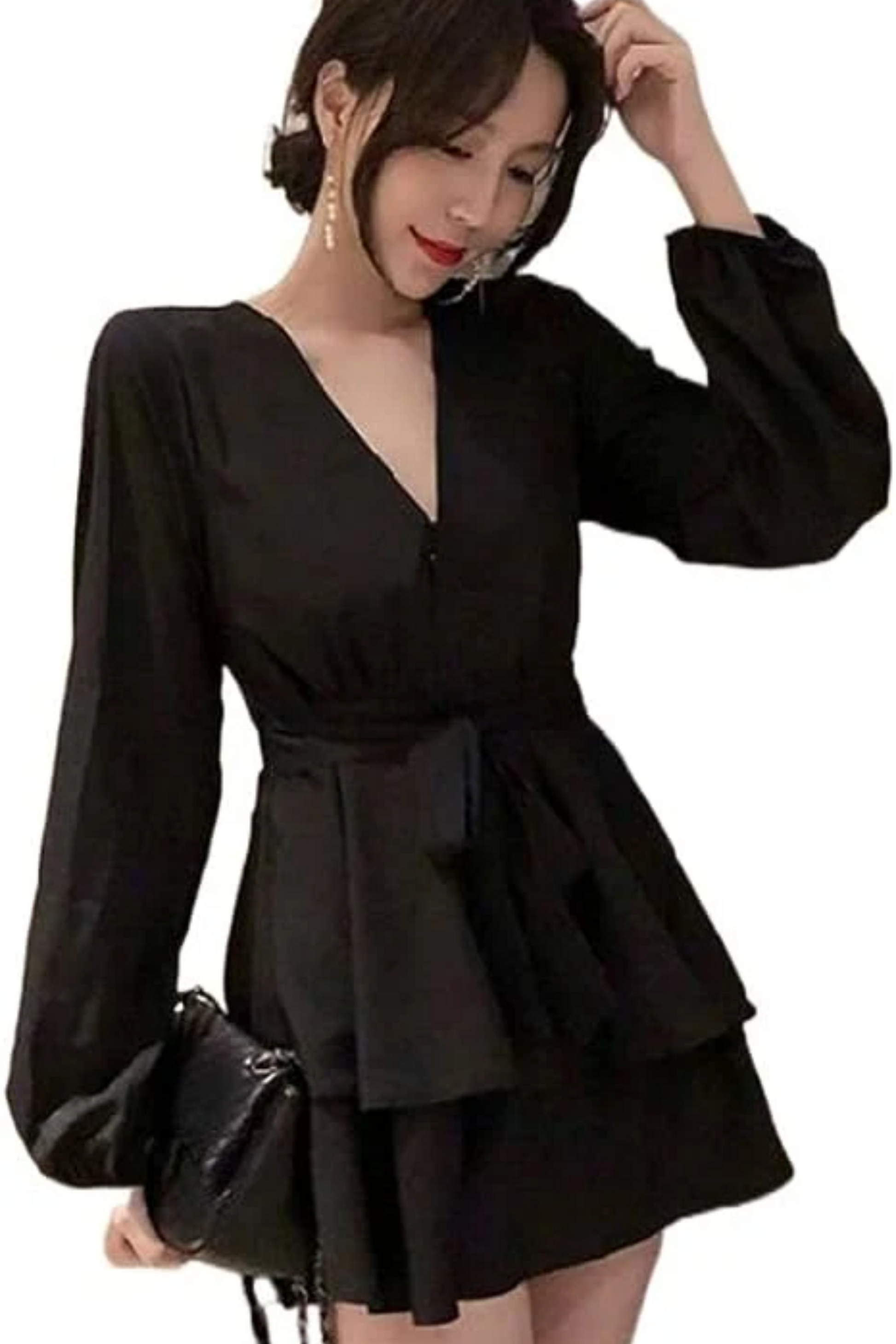 Wrap V-Neck Lantern Sleeve Tiered Ruffle Hem Mini Dress