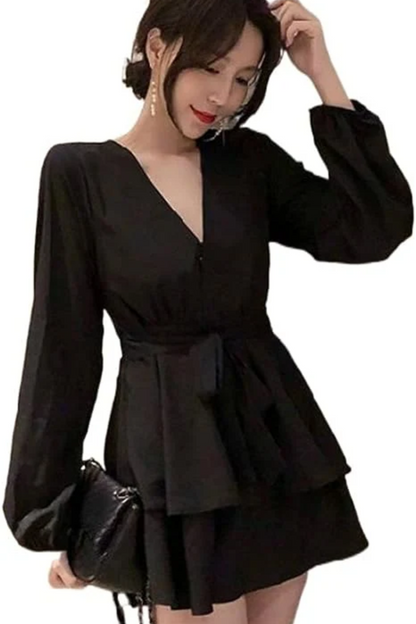 Wrap V-Neck Lantern Sleeve Tiered Ruffle Hem Mini Dress