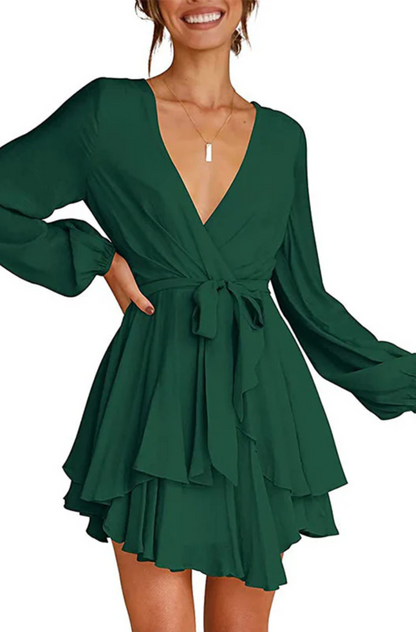 Wrap V-Neck Lantern Sleeve Tiered Ruffle Hem Mini Dress