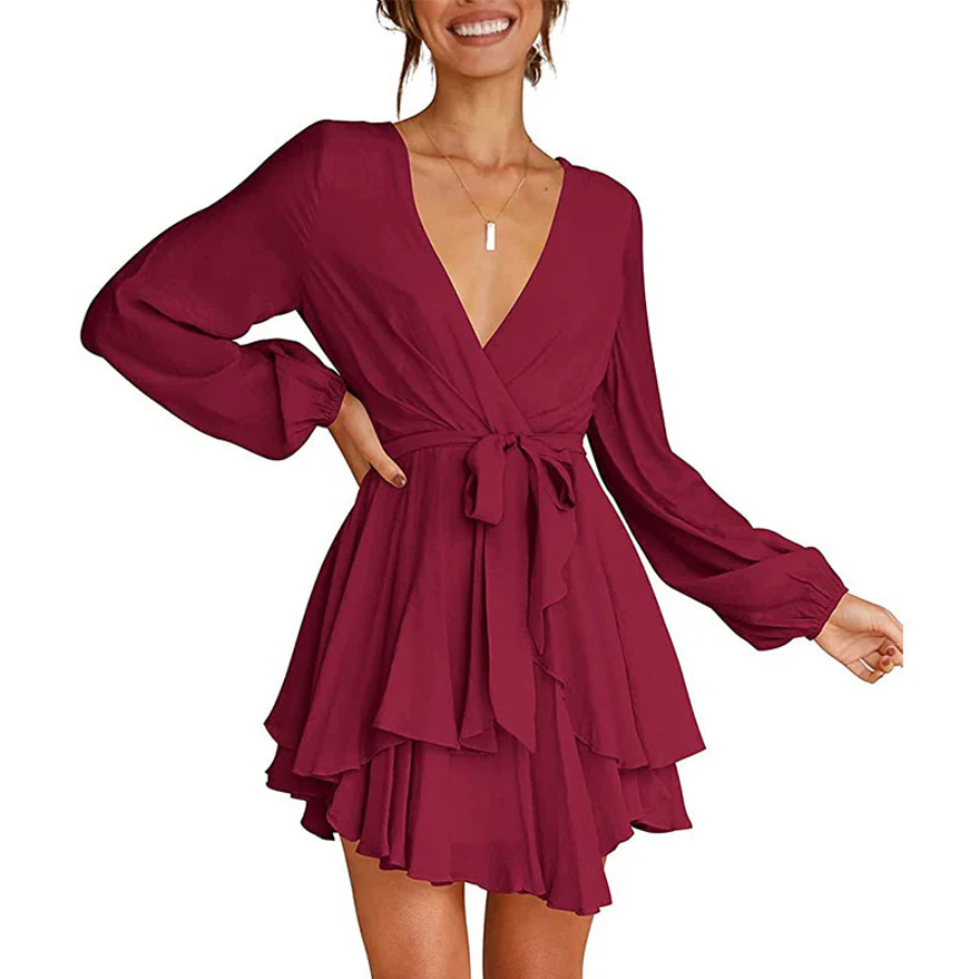 Wrap V-Neck Lantern Sleeve Tiered Ruffle Hem Mini Dress