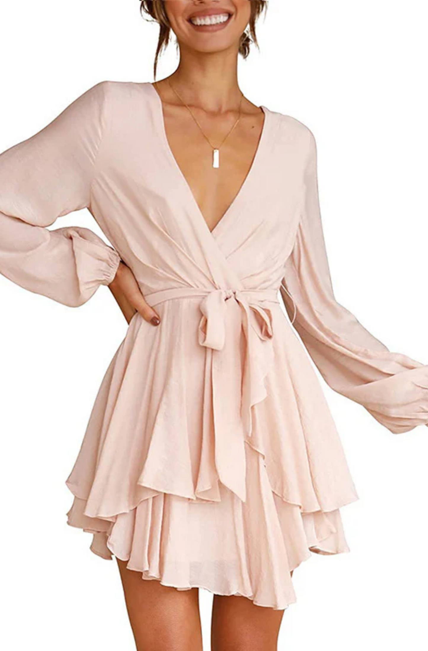 Surplice V-Neck Bishop Sleeve Cinched Waist Tiered Ruffle Mini Dress