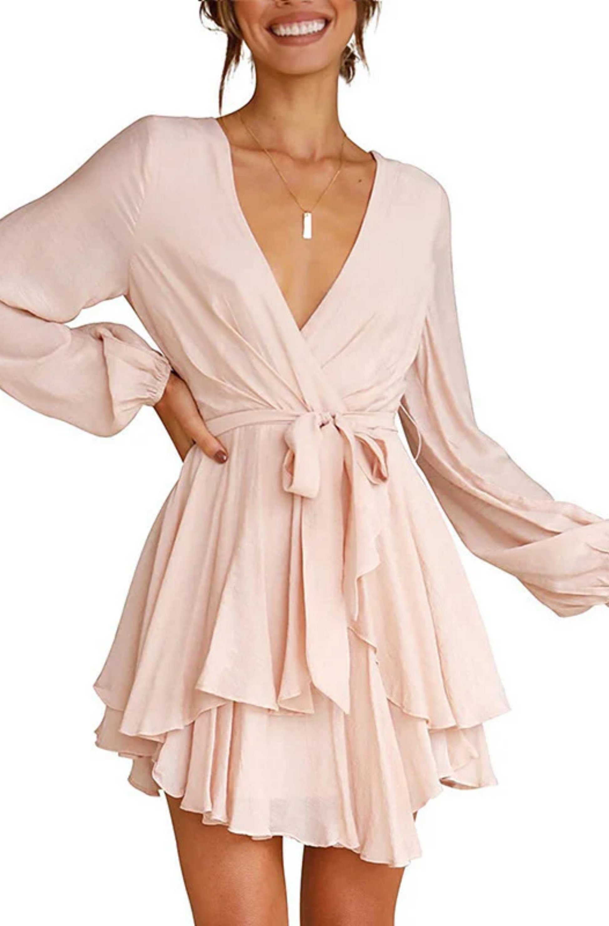 Surplice V-Neck Bishop Sleeve Cinched Waist Tiered Ruffle Mini Dress