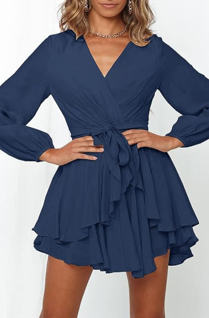 Surplice V-Neck Bishop Sleeve Cinched Waist Tiered Ruffle Mini Dress