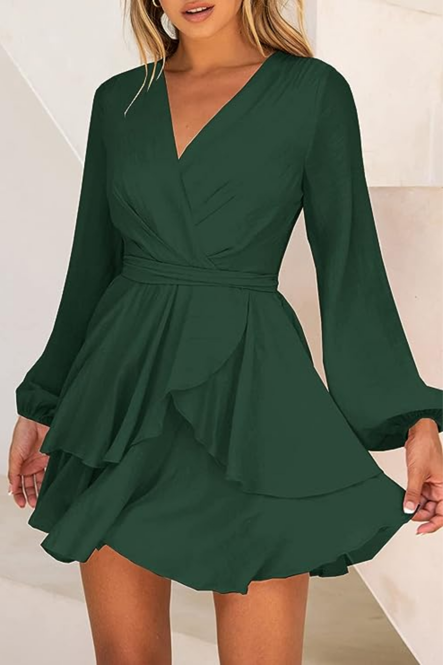 Wrap Front Deep V-Neck Bishop Sleeve Elastic Waist Tiered Flounce Mini Dress