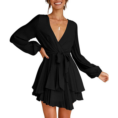Surplice V-Neck Bishop Sleeve Cinched Waist Tiered Ruffle Mini Dress