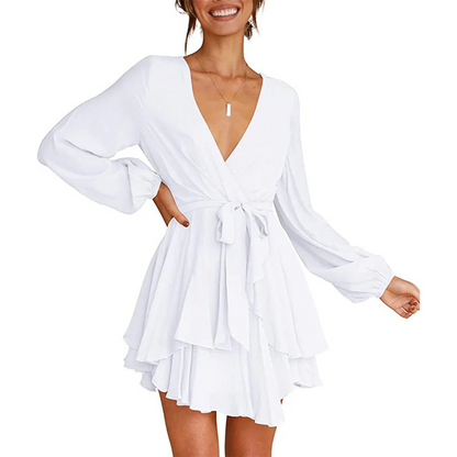 Surplice V-Neck Bishop Sleeve Cinched Waist Tiered Ruffle Mini Dress