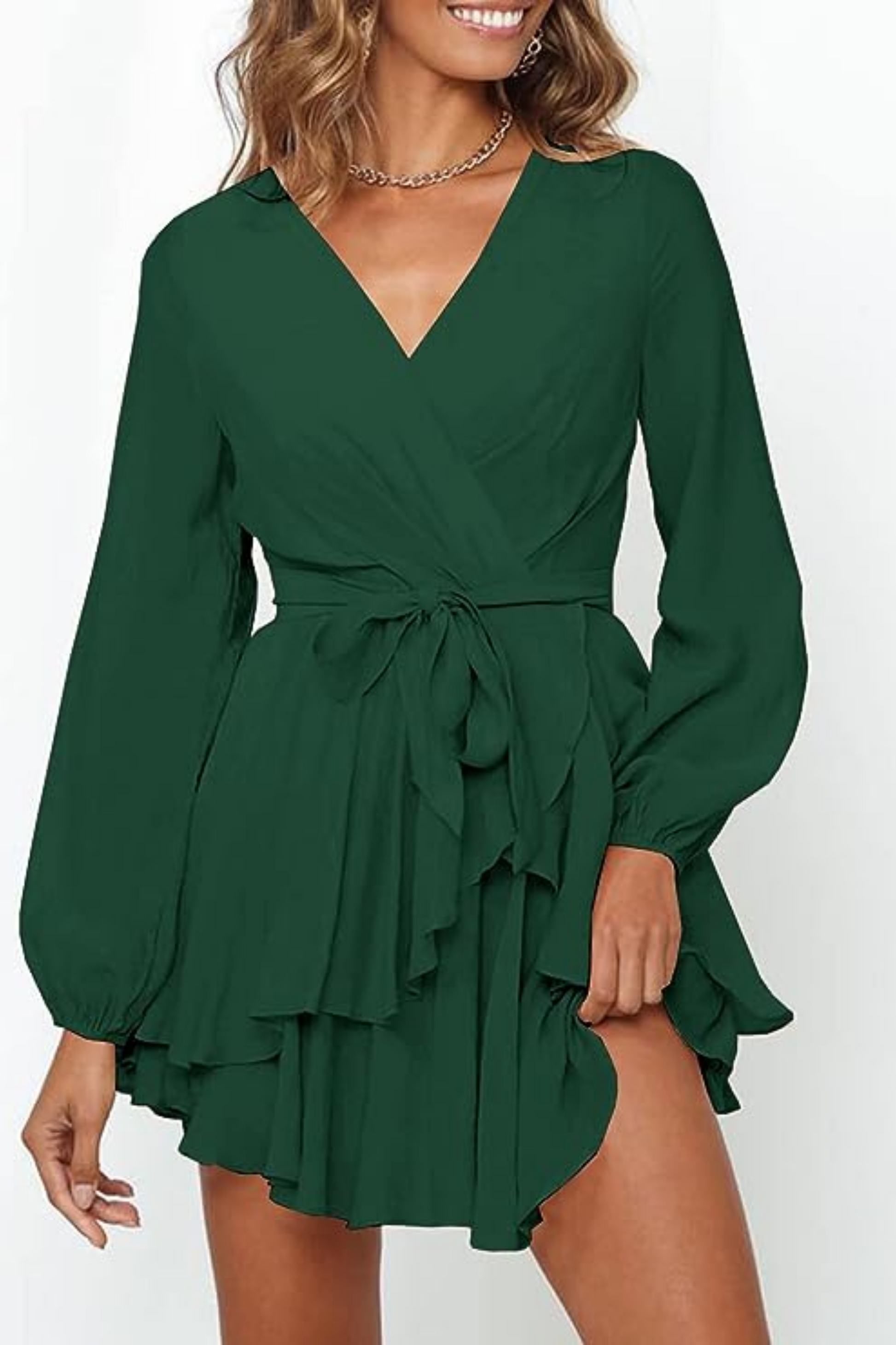 Wrap V-Neck Lantern Sleeve Tiered Ruffle Hem Mini Dress