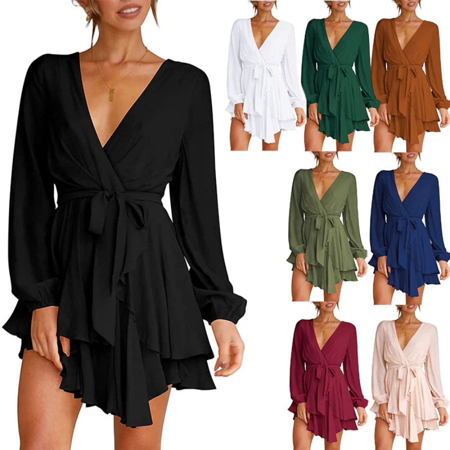 Wrap V-Neck Lantern Sleeve Tiered Ruffle Hem Mini Dress