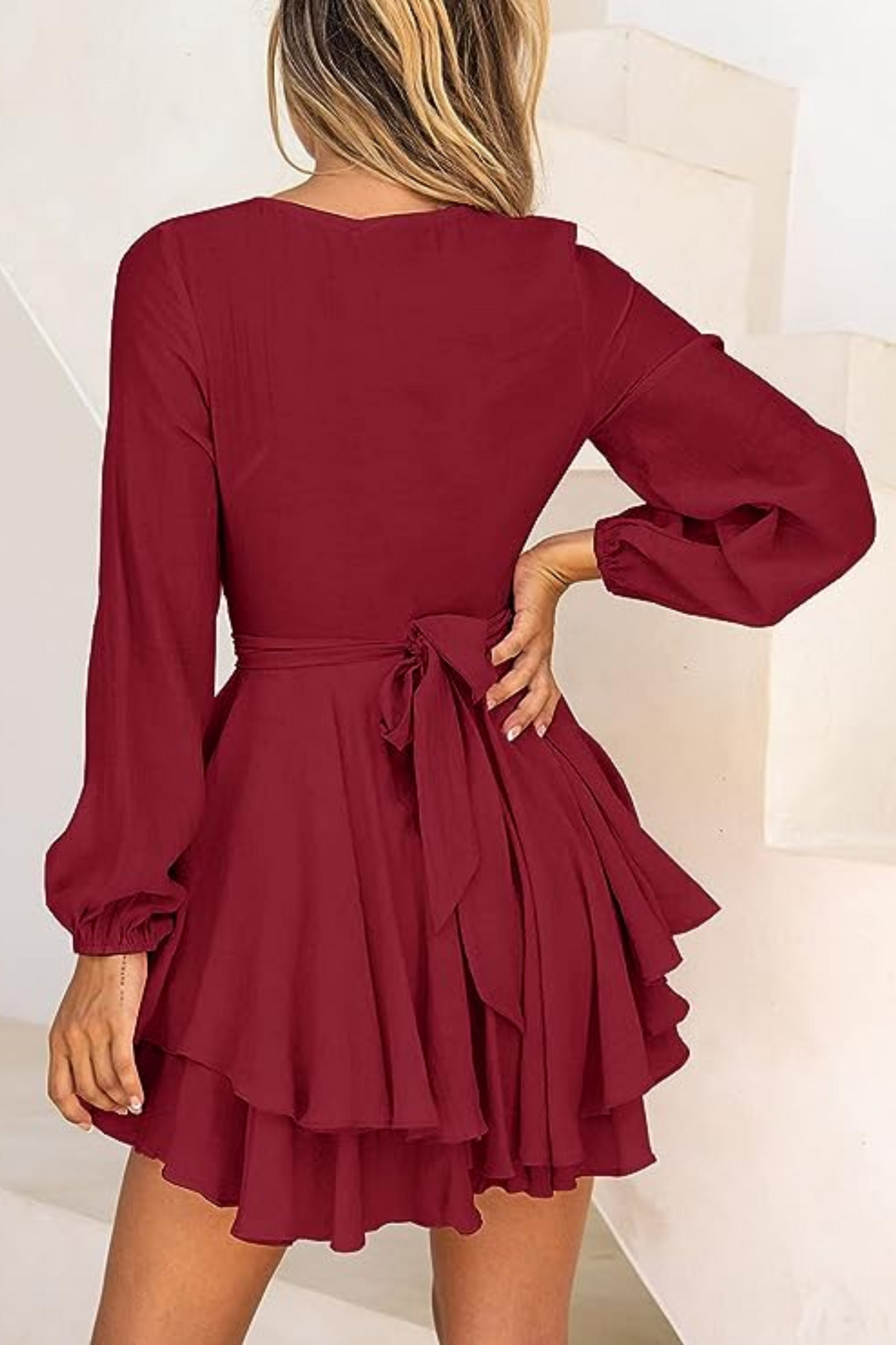 Surplice V-Neck Bishop Sleeve Cinched Waist Tiered Ruffle Mini Dress
