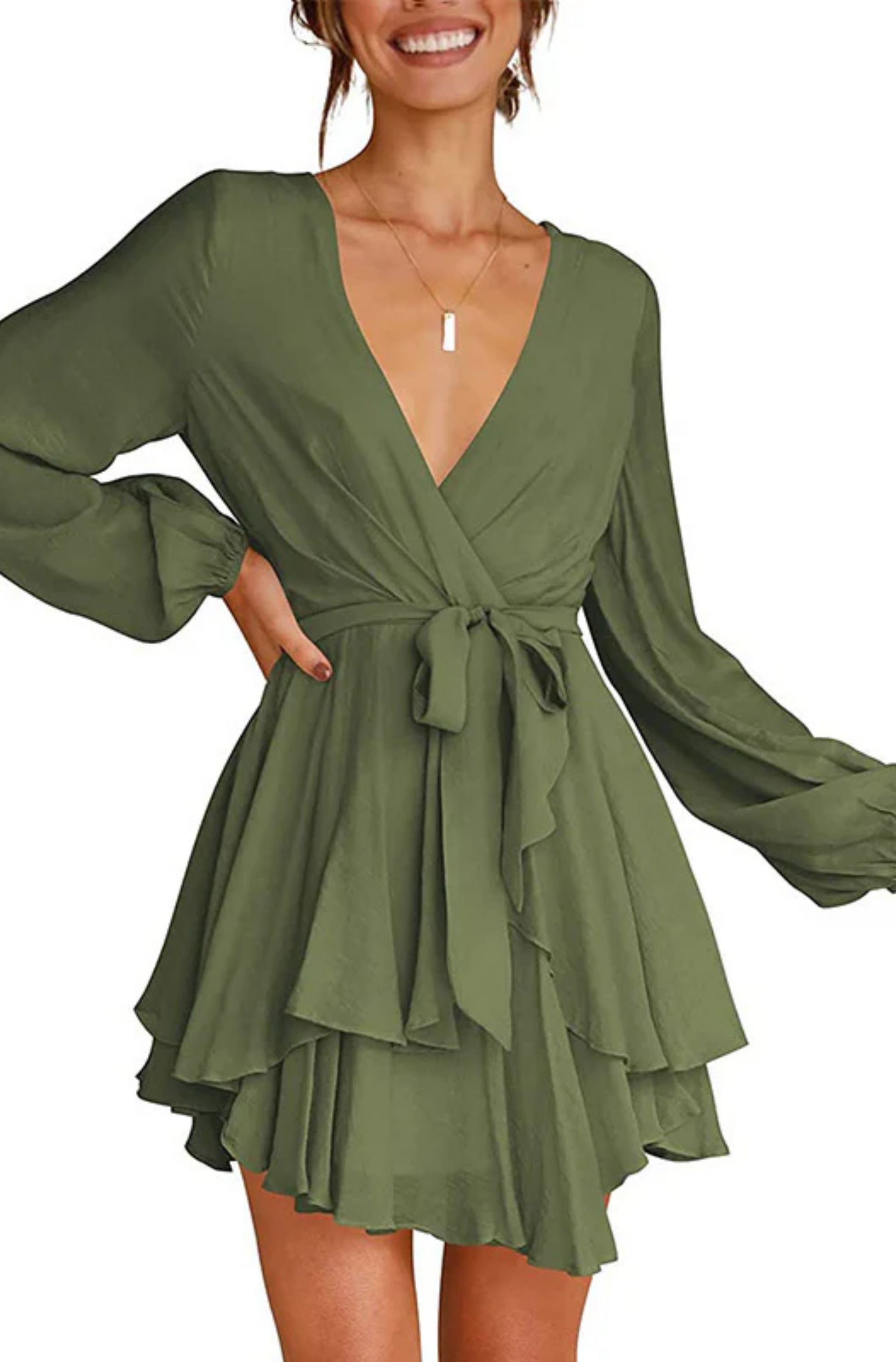 Wrap V-Neck Lantern Sleeve Tiered Ruffle Hem Mini Dress