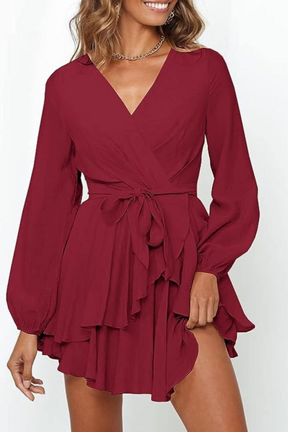 Wrap V-Neck Lantern Sleeve Tiered Ruffle Hem Mini Dress
