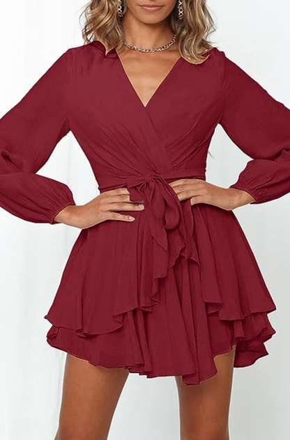 Surplice V-Neck Bishop Sleeve Cinched Waist Tiered Ruffle Mini Dress
