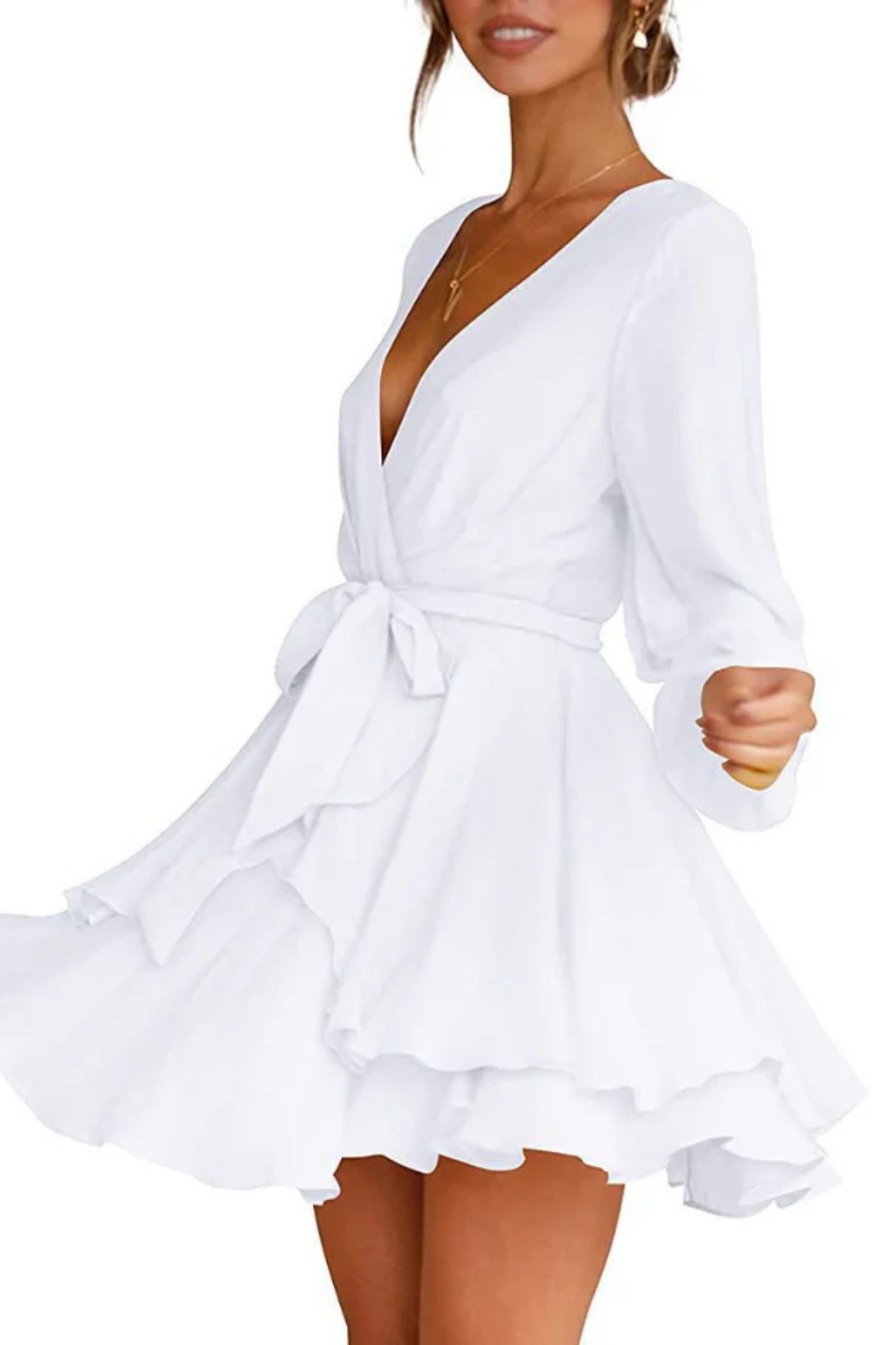 Surplice V-Neck Bishop Sleeve Cinched Waist Tiered Ruffle Mini Dress