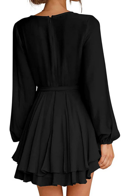 Surplice V-Neck Bishop Sleeve Cinched Waist Tiered Ruffle Mini Dress