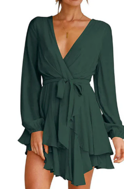 Surplice V-Neck Bishop Sleeve Cinched Waist Tiered Ruffle Mini Dress