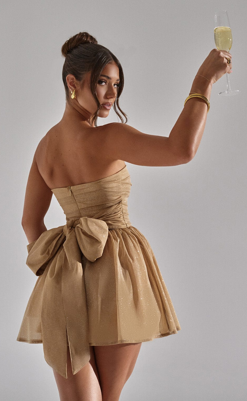 Strapless Glitter Ruched Fit-and-Flare Mini Dress