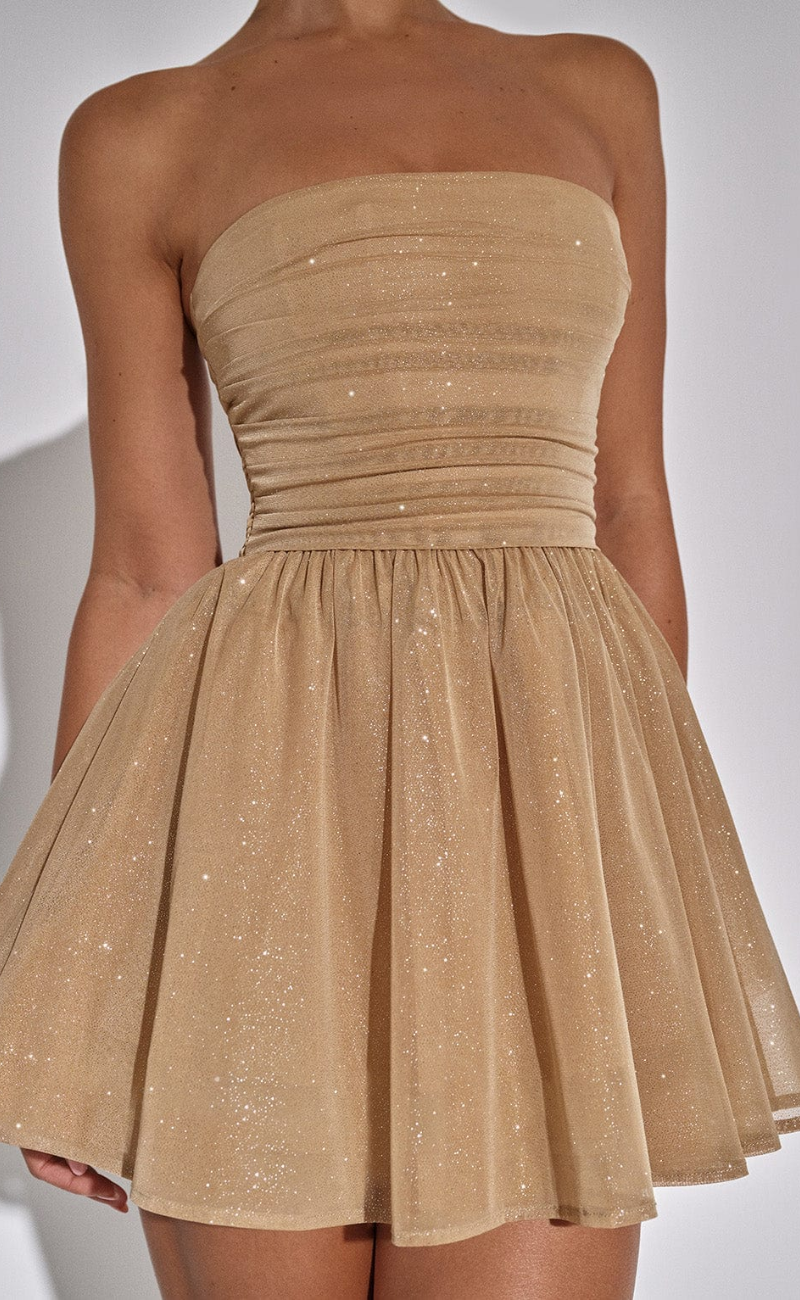 Strapless Glitter Ruched Fit-and-Flare Mini Dress