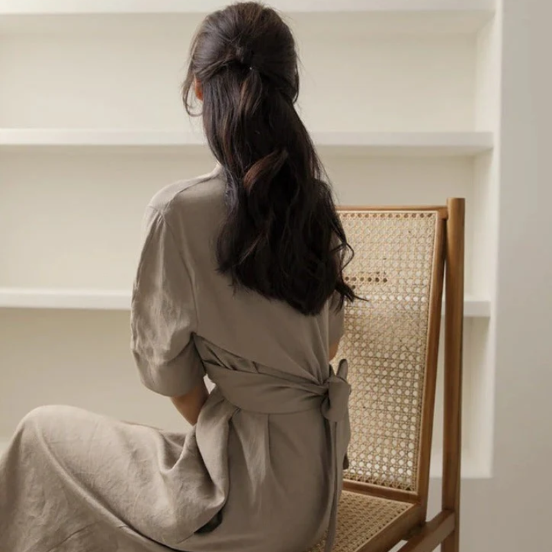 Linen Look Wrap Tie Waist Short Sleeve Midi Dress