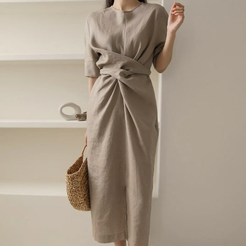 Linen Wrap Tie-Waist Short Sleeve Midi Dress