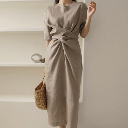 Linen Wrap Tie-Waist Short Sleeve Midi Dress