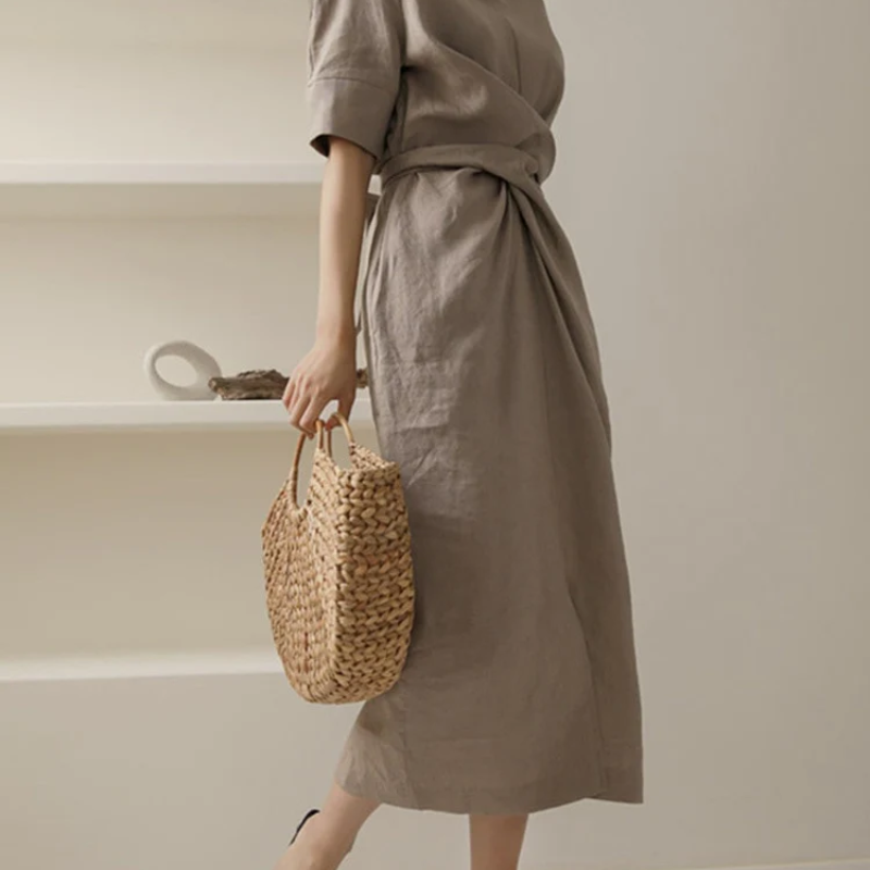 Linen Wrap Tie-Waist Short Sleeve Midi Dress