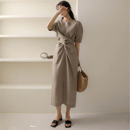 Linen Look Short Sleeve Wrap Tie Waist Tulip Hem Midi Dress