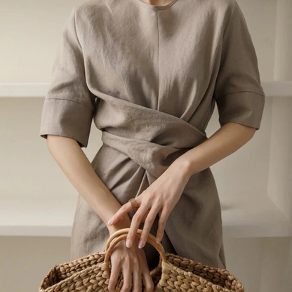 Linen Look Wrap Tie Waist Short Sleeve Midi Dress