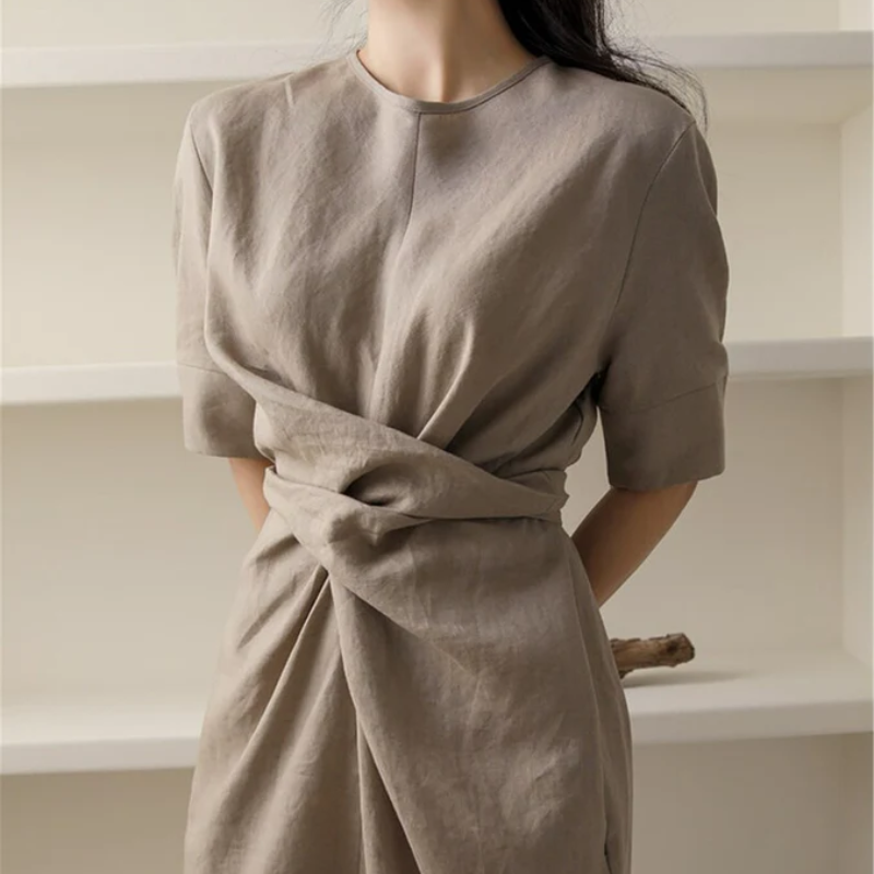 Linen Look Short Sleeve Wrap Tie Waist Tulip Hem Midi Dress