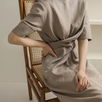 Linen Wrap Tie-Waist Short Sleeve Midi Dress